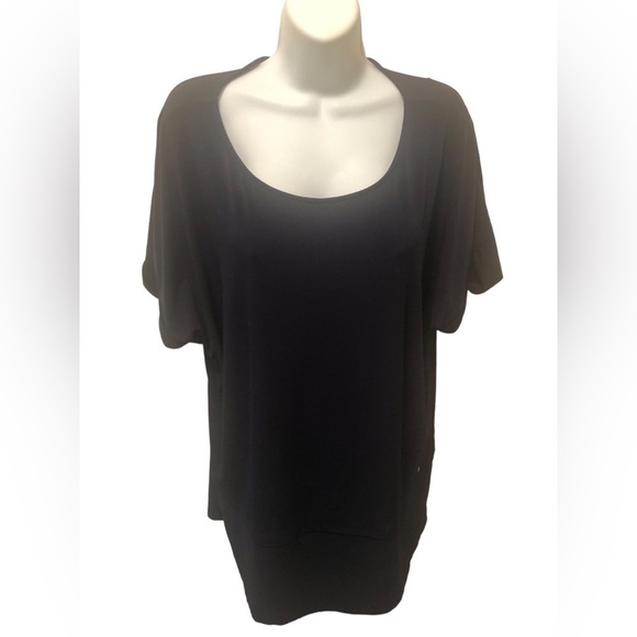 Calvin Klein SS Navy Black Color-Block Career Tunic Top Sz XL Scoop Neck Stretch - Picture 1 of 5